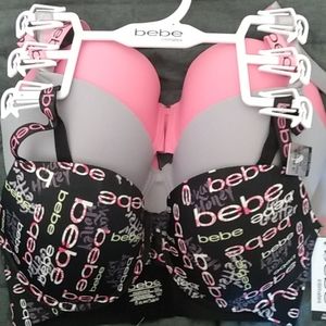 Bebe bras 3 pack 34DD pink, grey, logo